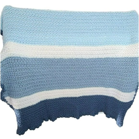 Handmade Knit Throw Blanket 110" x 48" Blue White Striped Scallop Edge - Picture 2 of 5